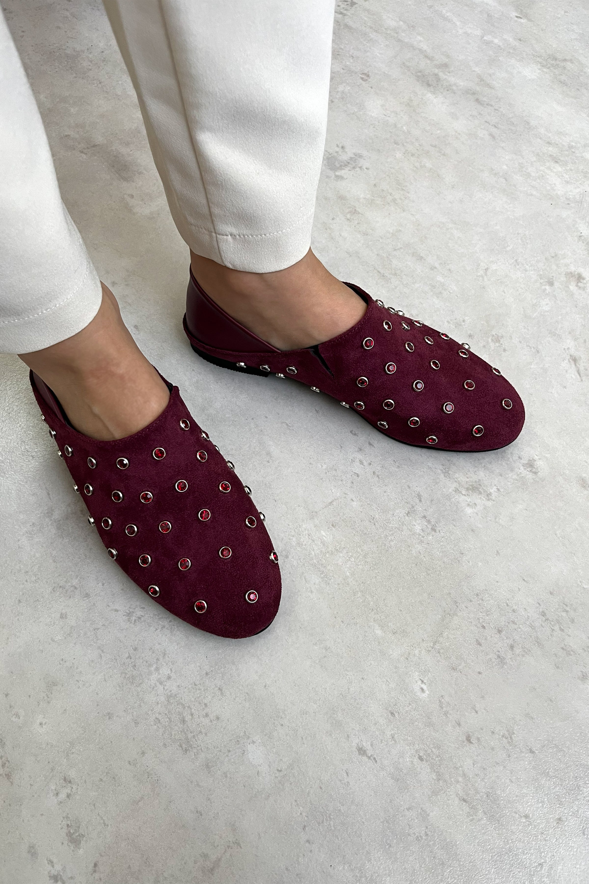 Kadın Taşlı Rahat Süet Babet | Casi - Bordo