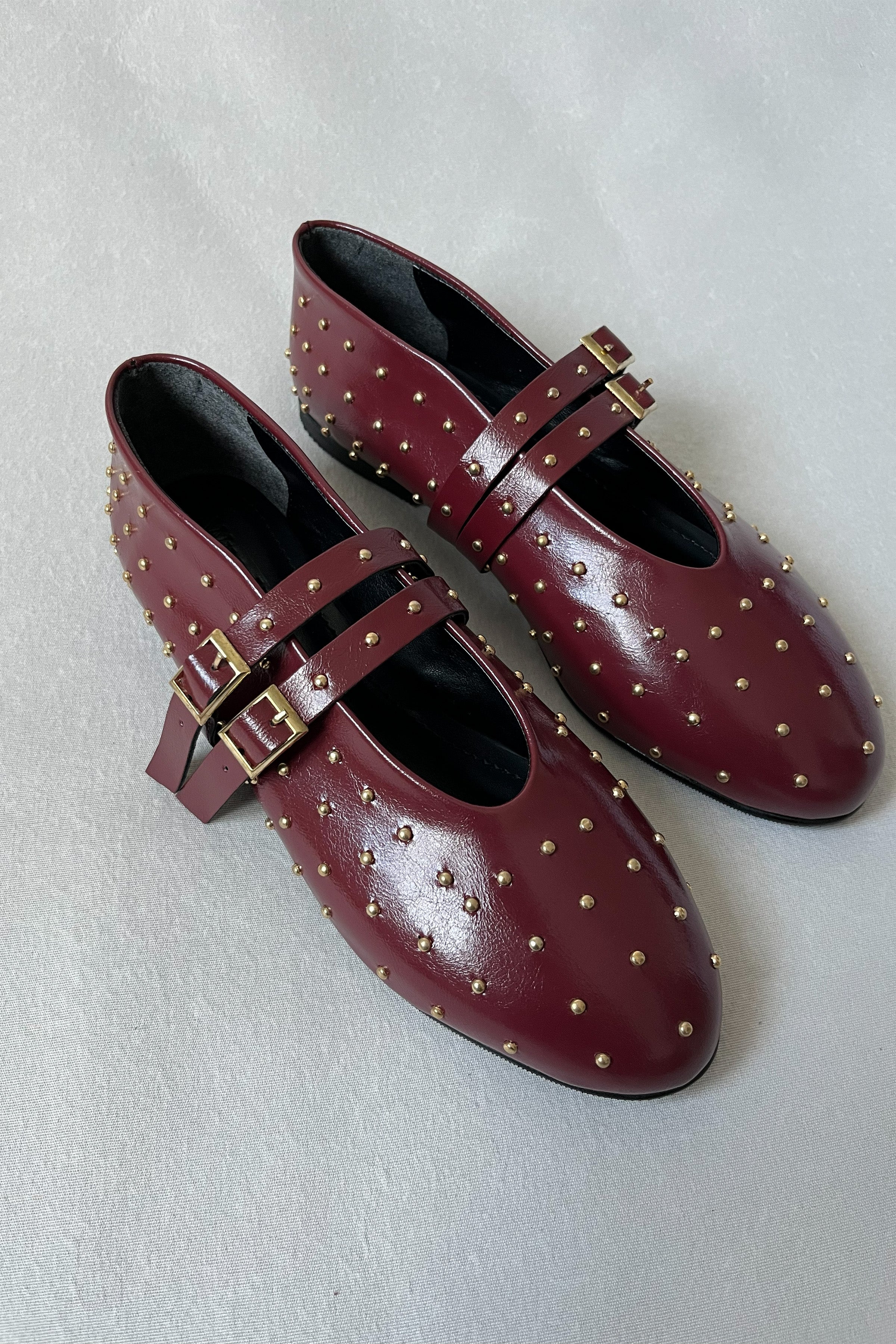 Kadın Zımbalı Çift Tokalı Babet Nora - Bordo